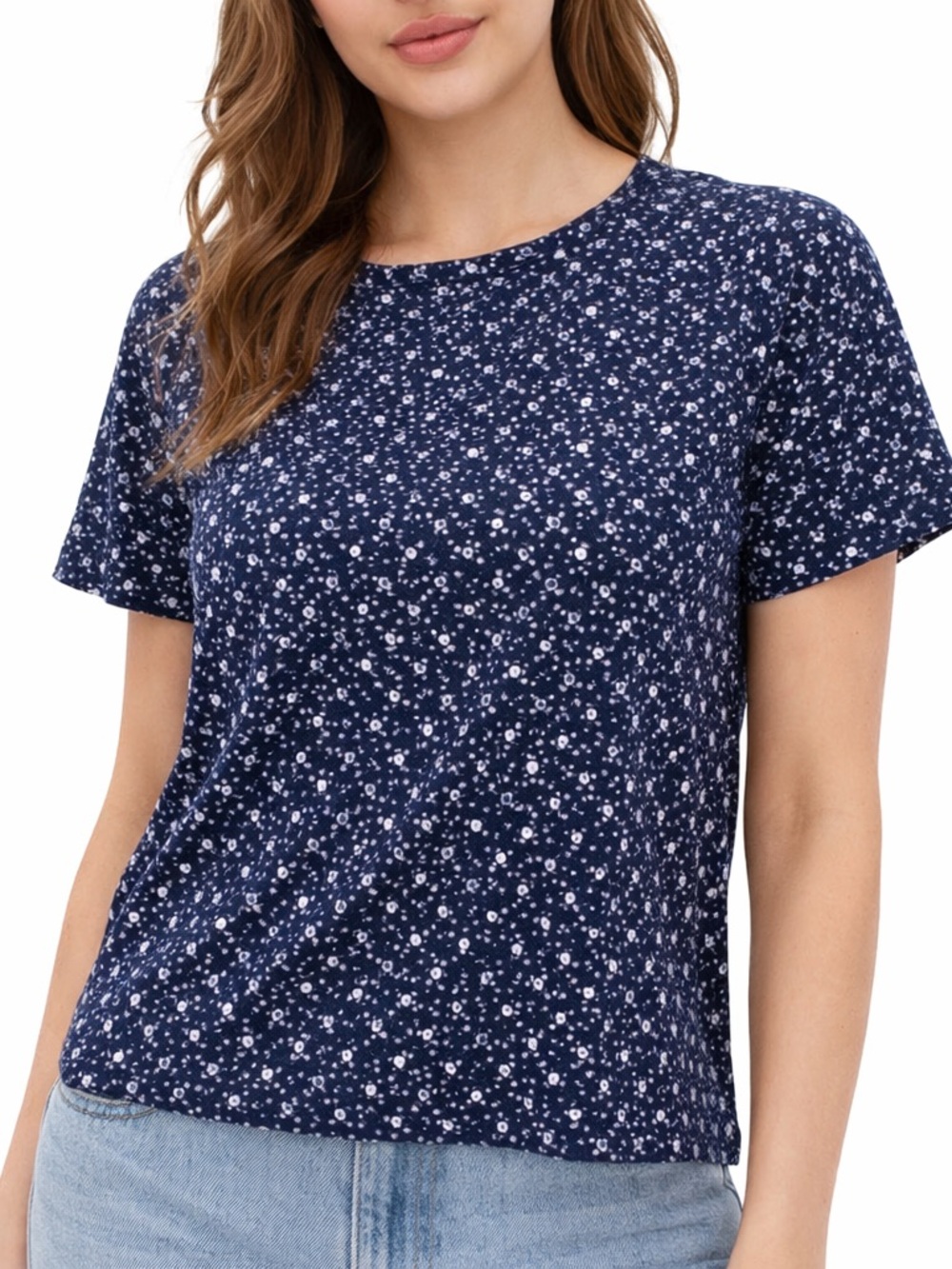 Women’s Navy Floral Short Sleeve Tee see measurements